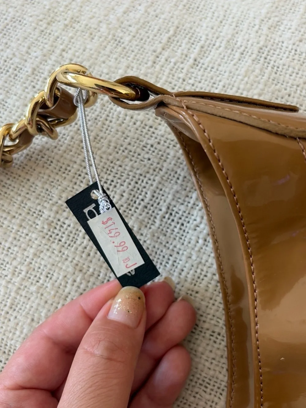 bebe Brown Suede & Patent Hobo with Gold Charm Chain